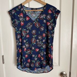 Express Navy Floral Cap Sleeve Blouse | XS